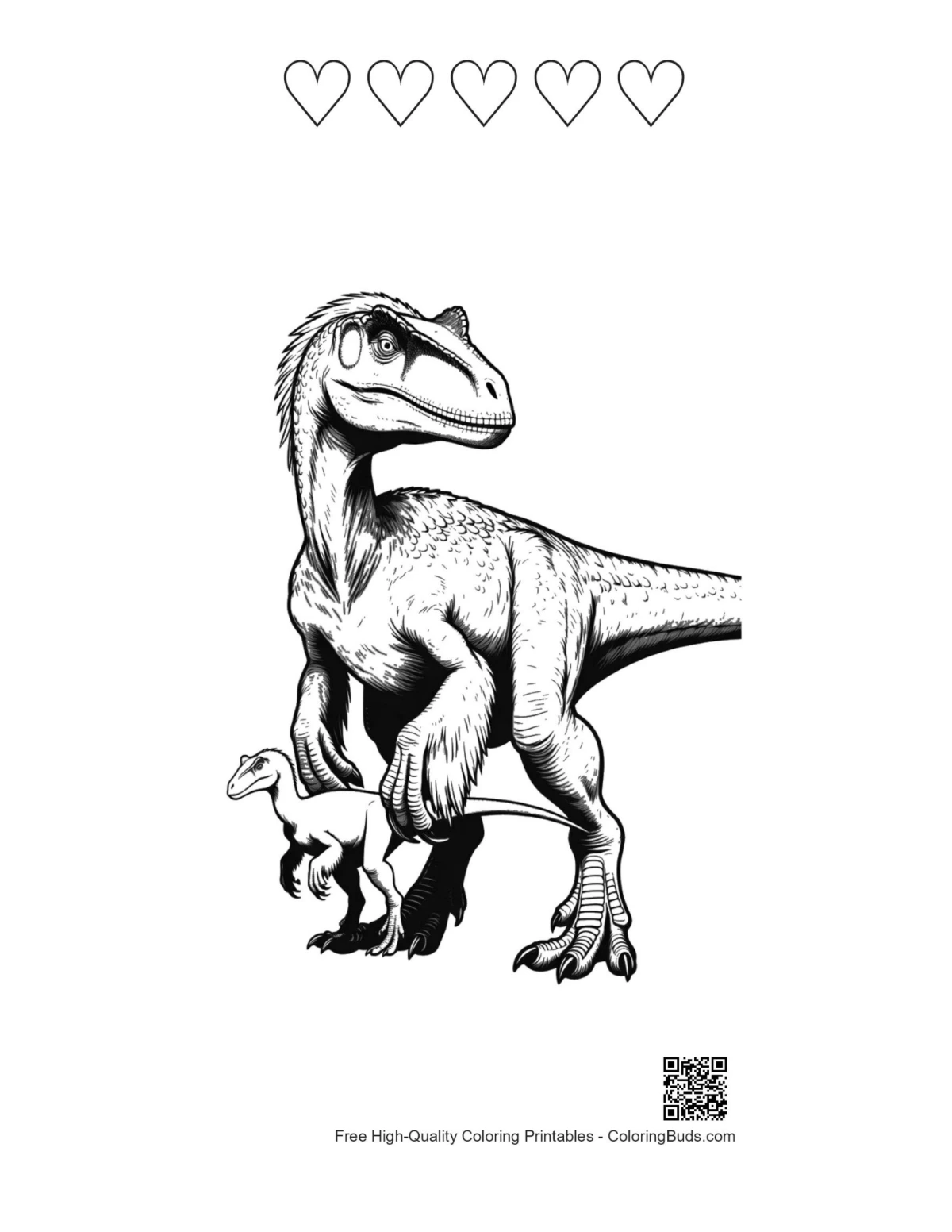 Heart-themed velociraptor baby dino coloring sheet