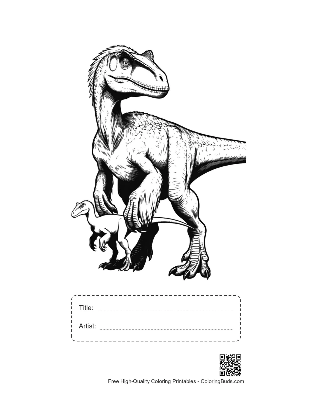 Velociraptor baby dino printable with title box