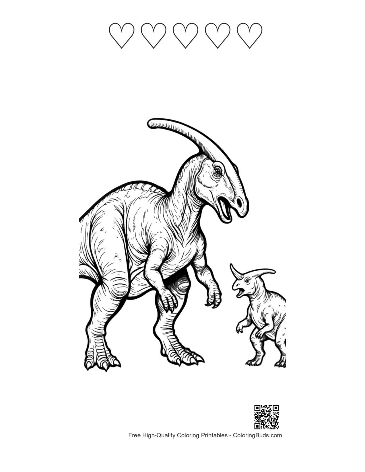 Parasaurolophus family printable with heart outlines