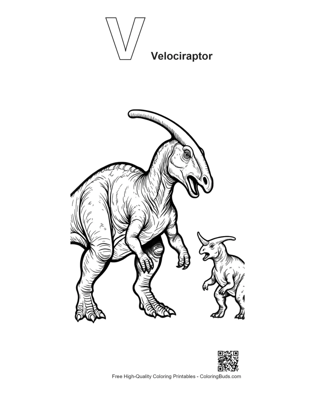 Mother Parasaurolophus printable with velociraptor alphabet V