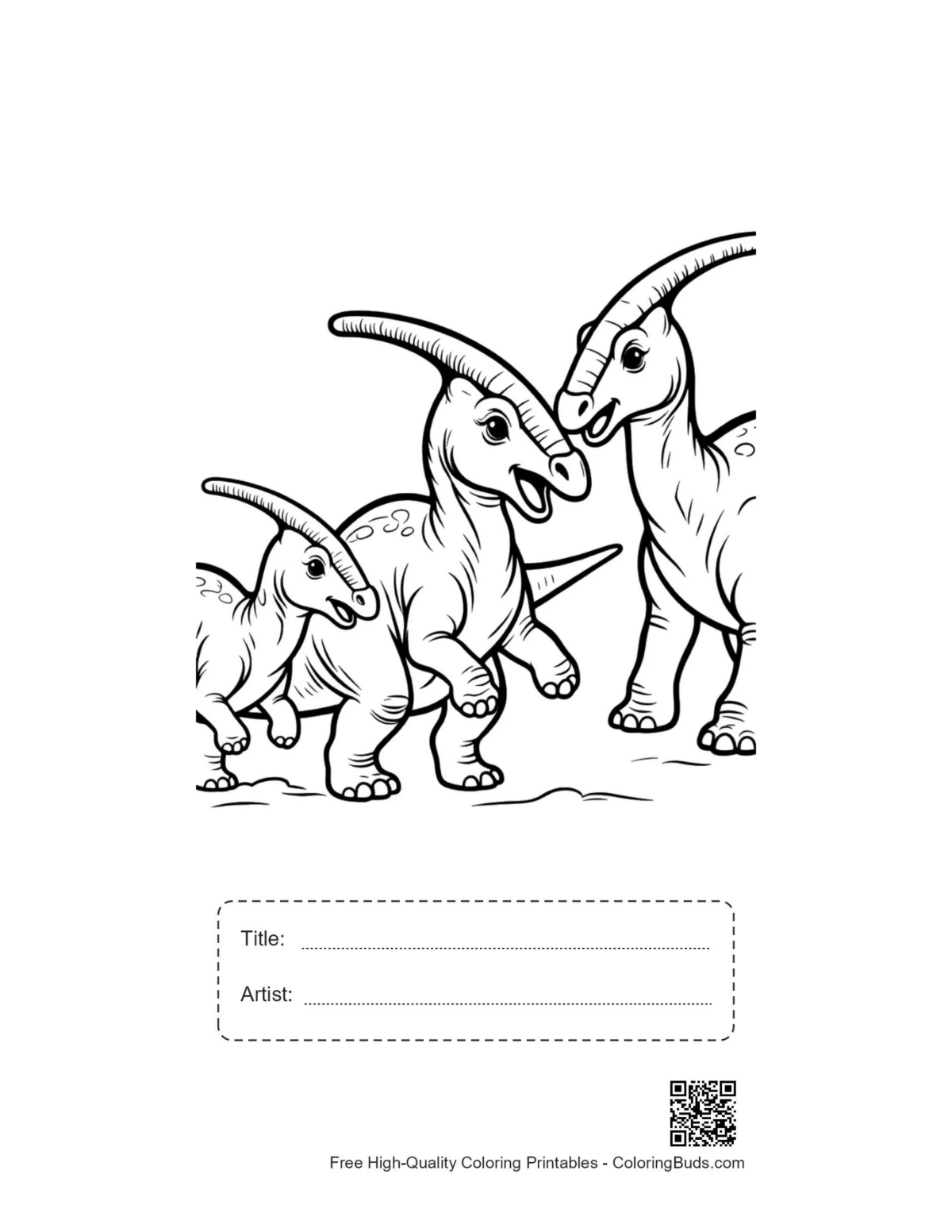 Parasaurolophus family printable with title and artist space