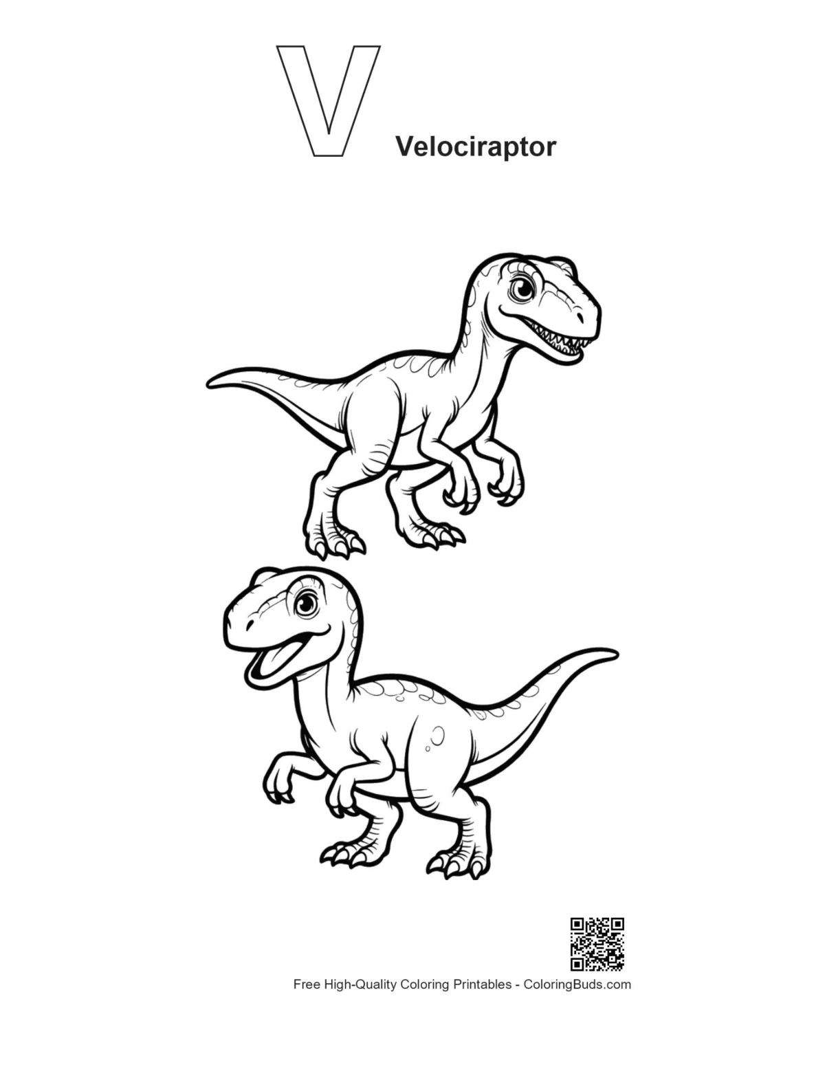 ภาพร่างระบายสีเวโลซิแรปเตอร์พร้อมตัวอักษร V