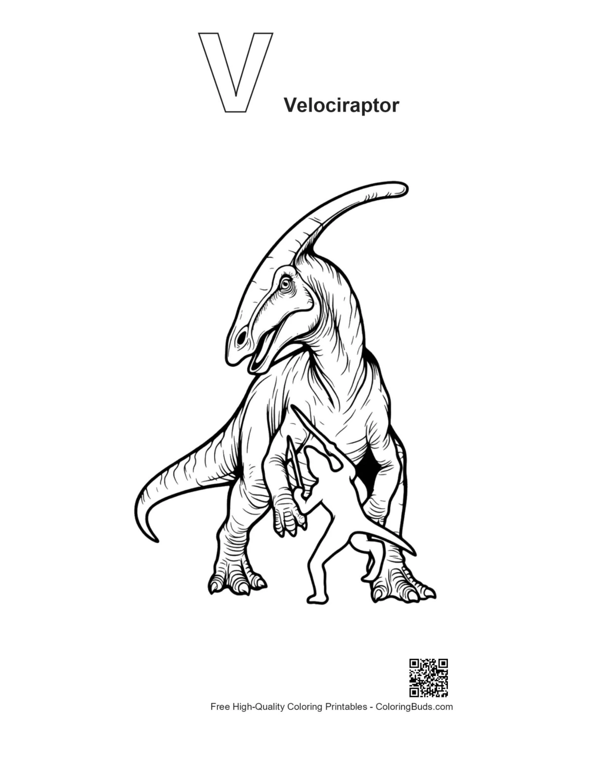Outline printable velociraptor assault with alphabet V focus