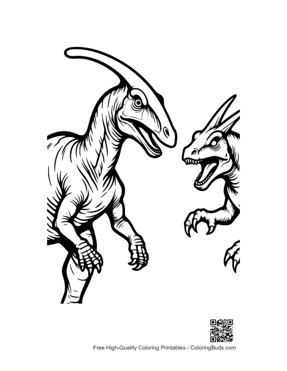 Velociraptor lunging at Parasaurolophus dinosaur coloring page