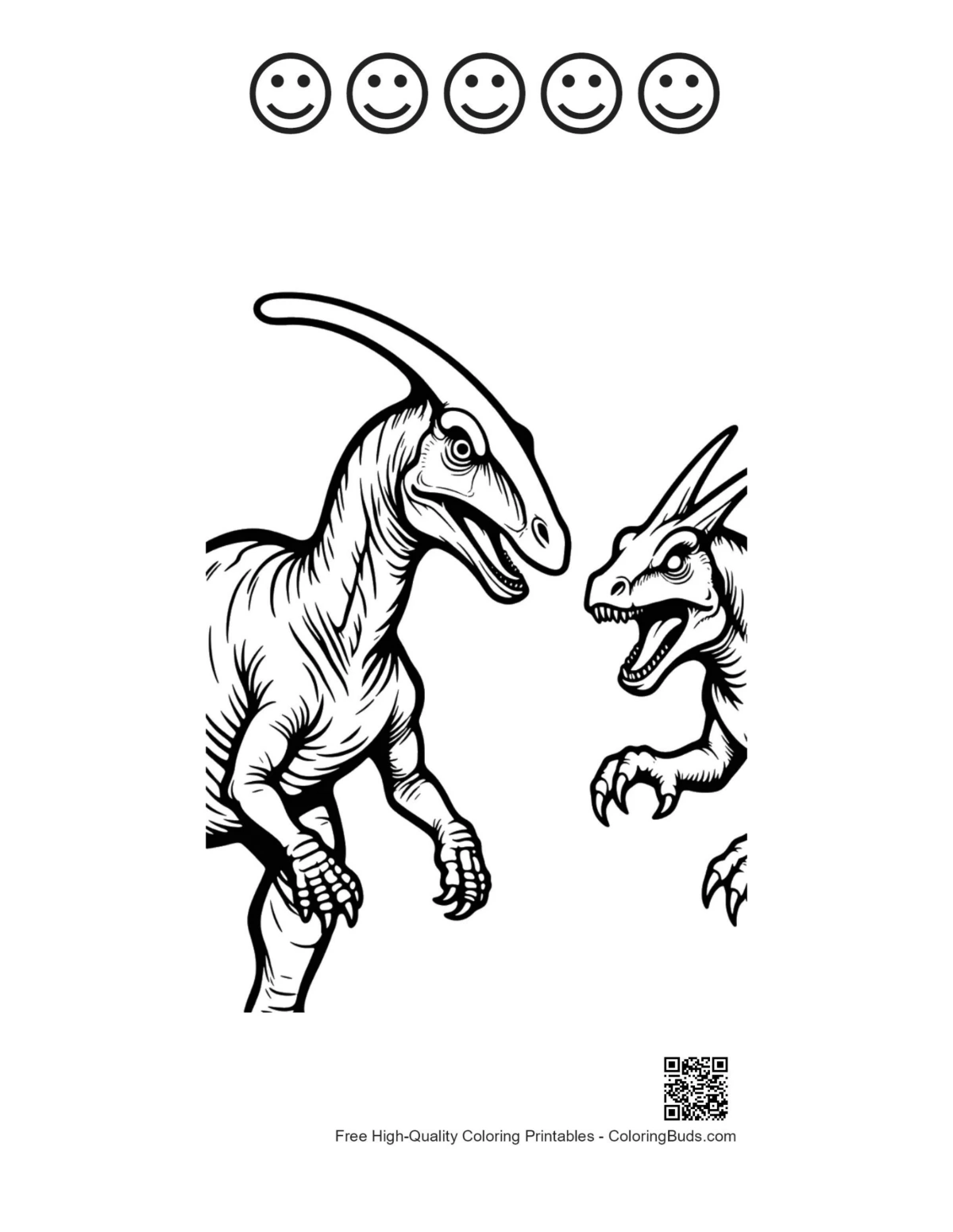 Velociraptor attack printable with 5 happy faces outline