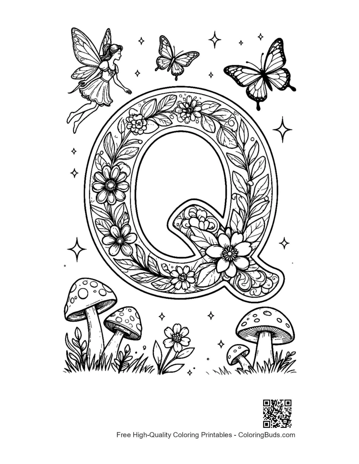 Autumn mushroom Letter Q forest floor coloring page