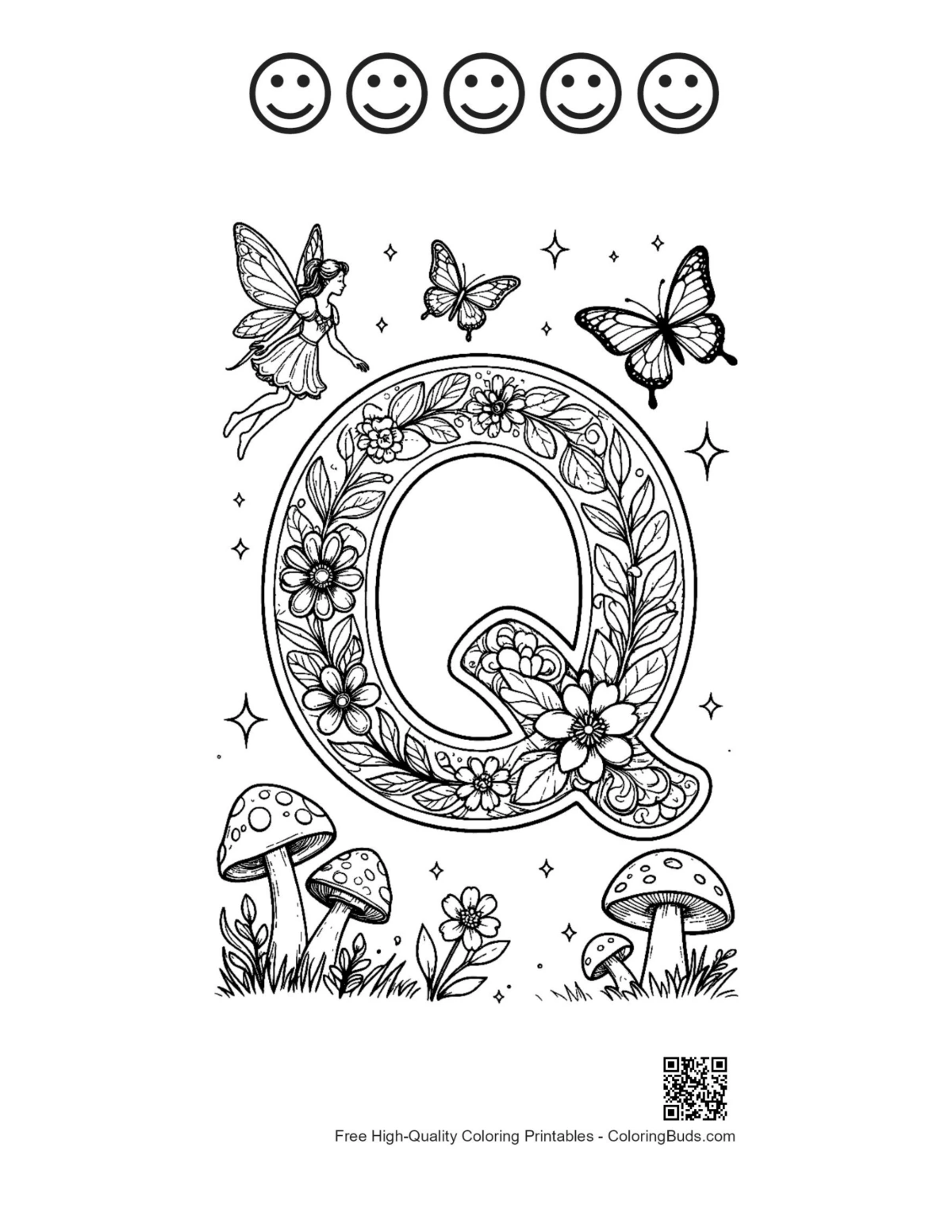 Letter Q forest printable with happy faces