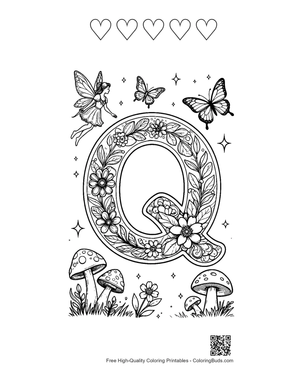 Mushroom Letter Q printable with heart outlines