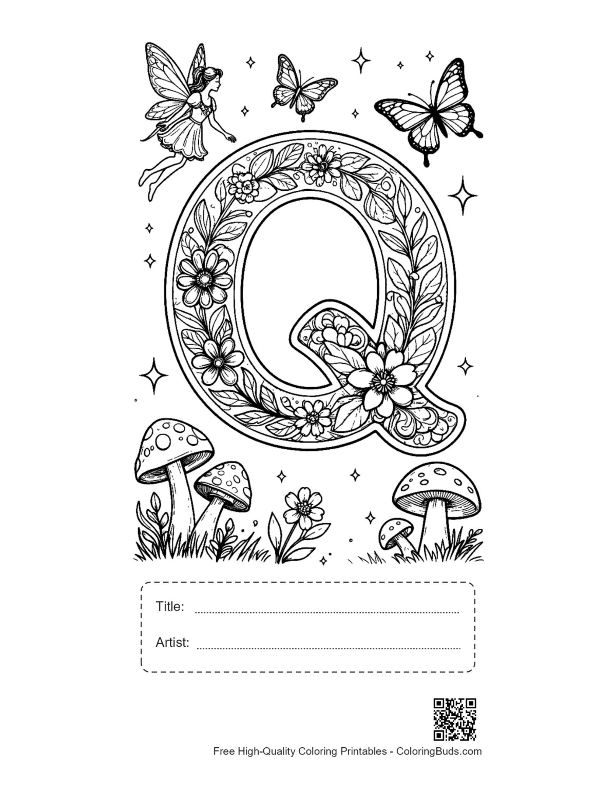 Autumn mushroom Letter Q printable with title box