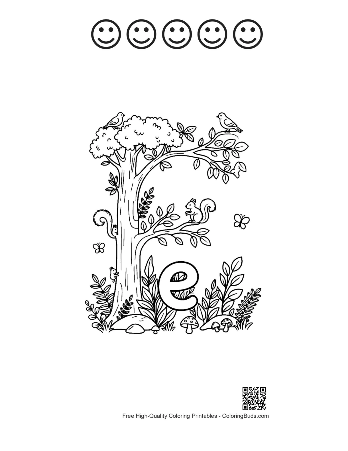 Printable Letter E with flowers and happy face outlines