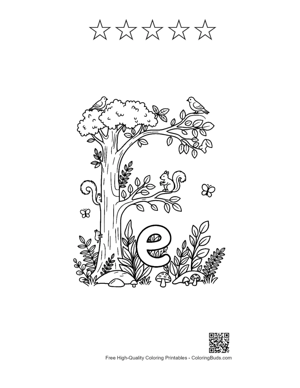 Letter E printable coloring with flowers and star outlines