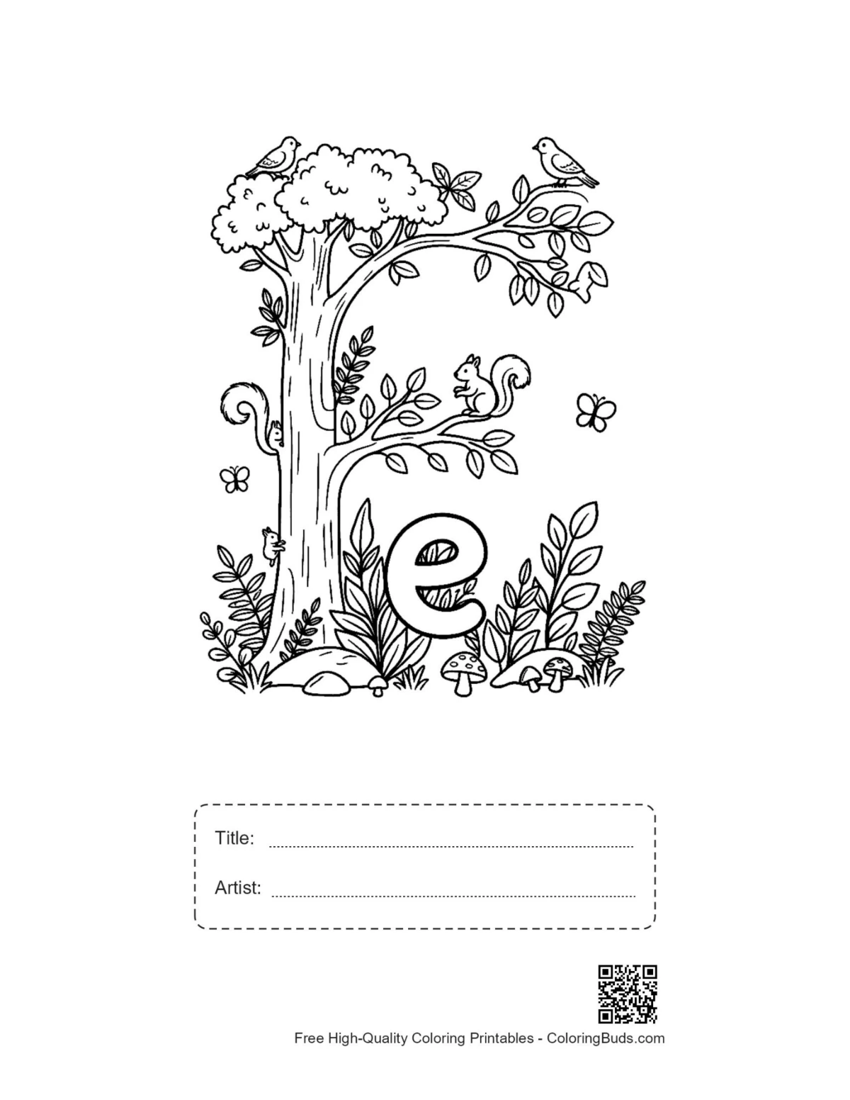 Botanical Letter E printable with title and artist box