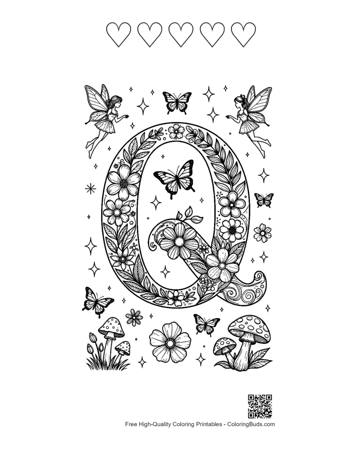 Cosmic Letter Q with stars and heart outlines