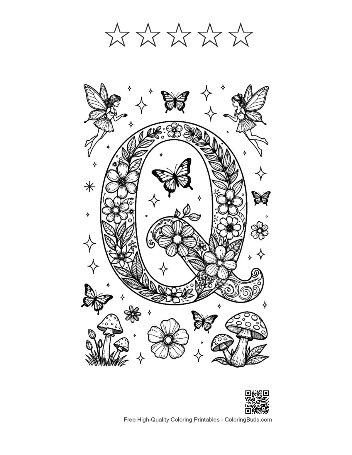 Letter Q cosmic printable with stars and outlines