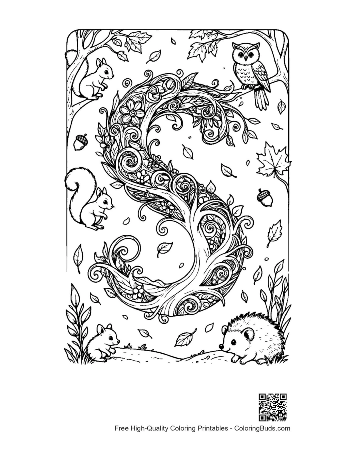 Cozy hedgehog letter S woodland printable coloring page