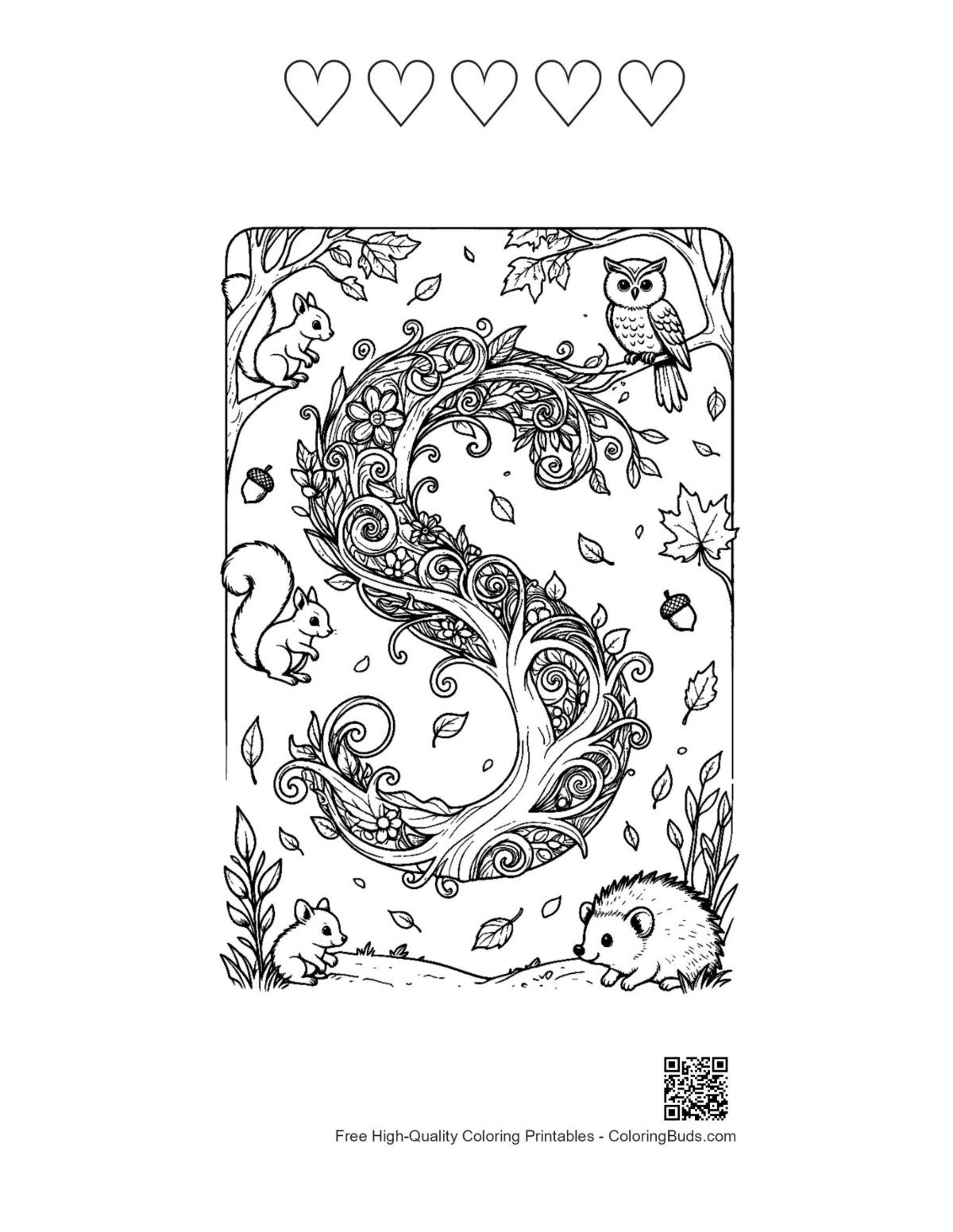 Hedgehog letter S printable with heart outlines