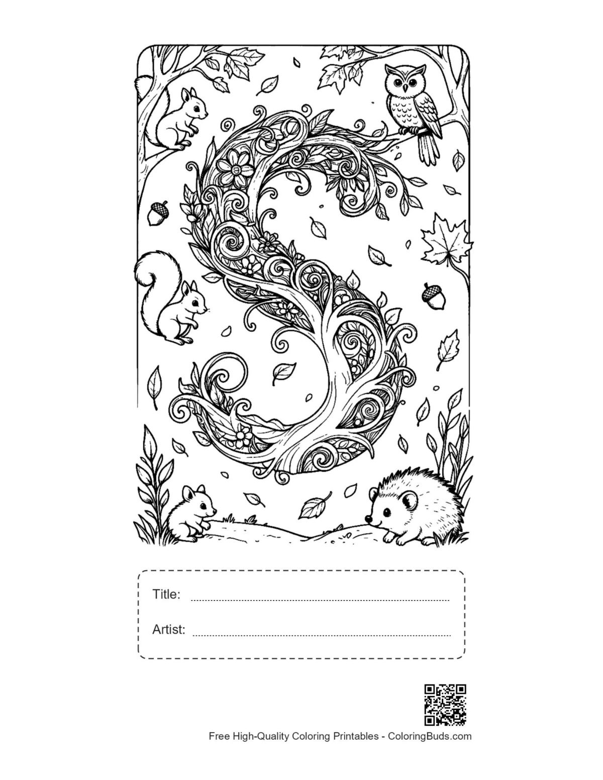 Cozy hedgehog letter S printable with title box