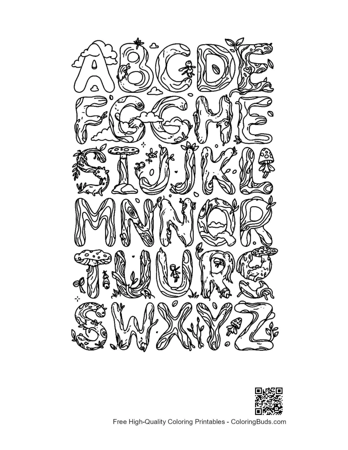Cute printable Letter A-Z coloring sheet for kids