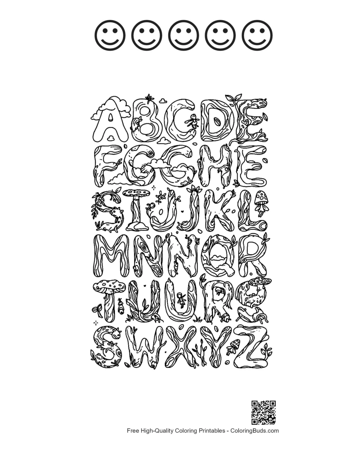 Cute Letter A-Z sheet with 5 happy faces outline printable