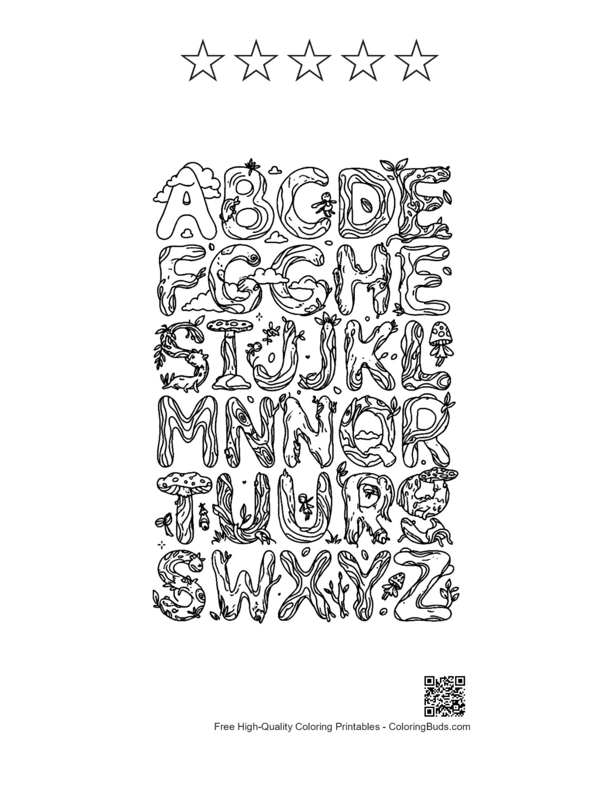 Cute Letter A-Z coloring printable with 5 stars outline