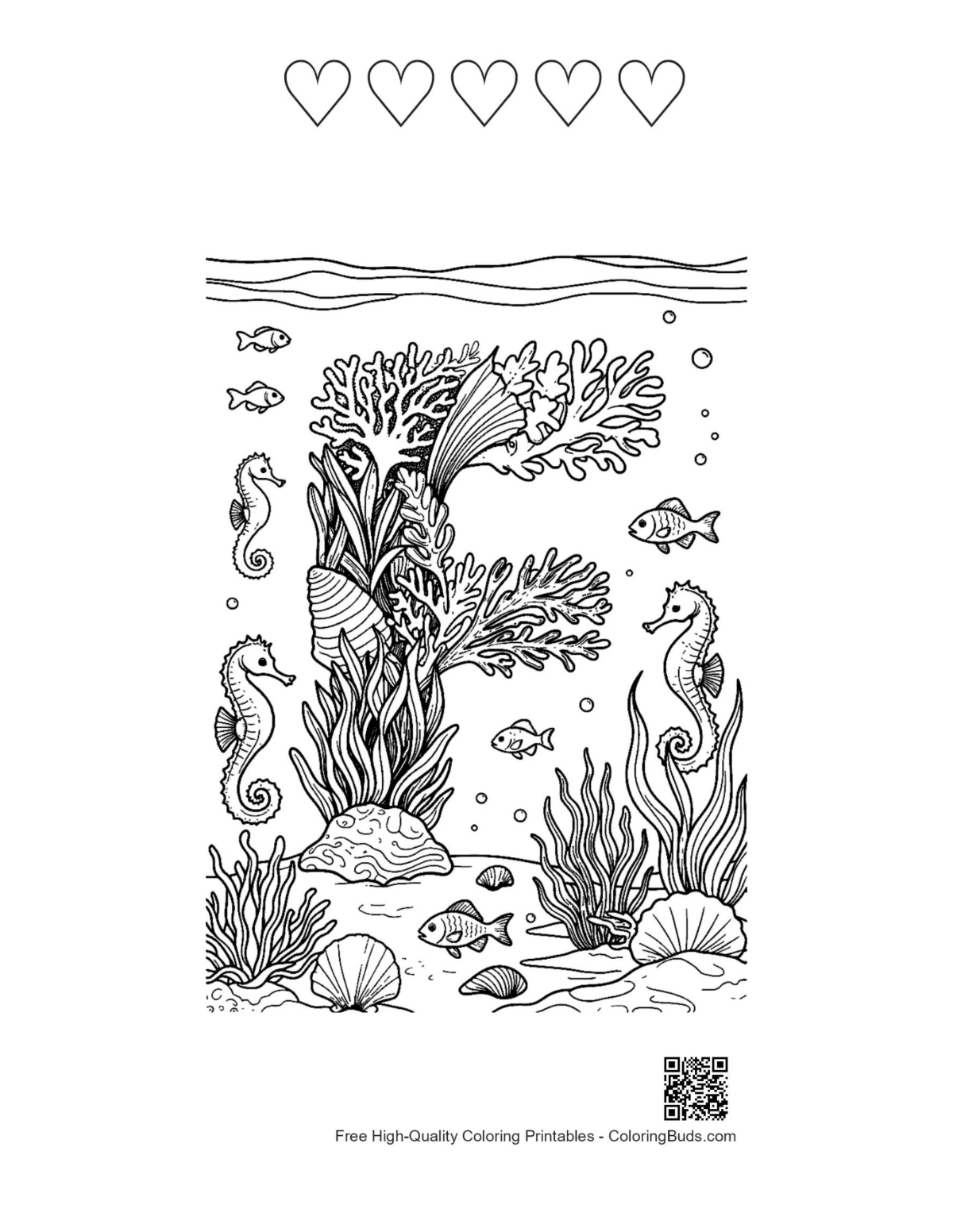 A-Z coloring printable featuring heart outlines