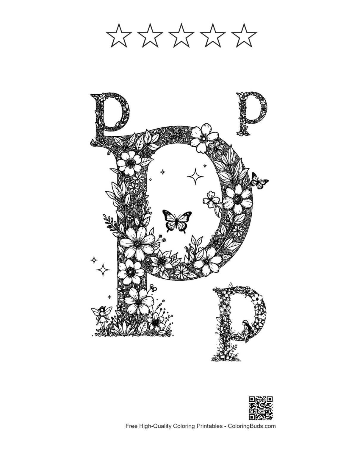 Letter A-Z coloring page with 5 stars