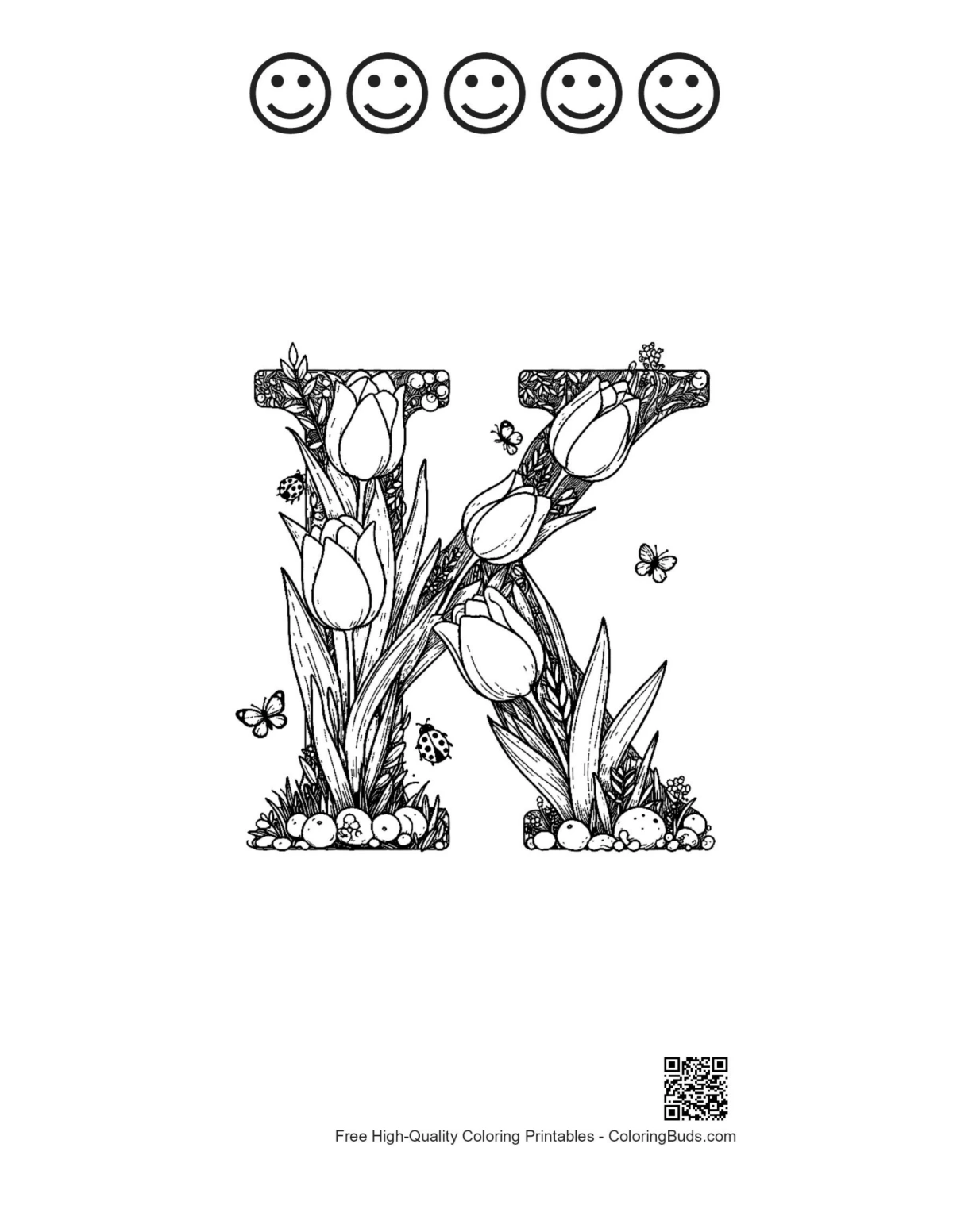 Letter K tulip printable with 5 happy faces