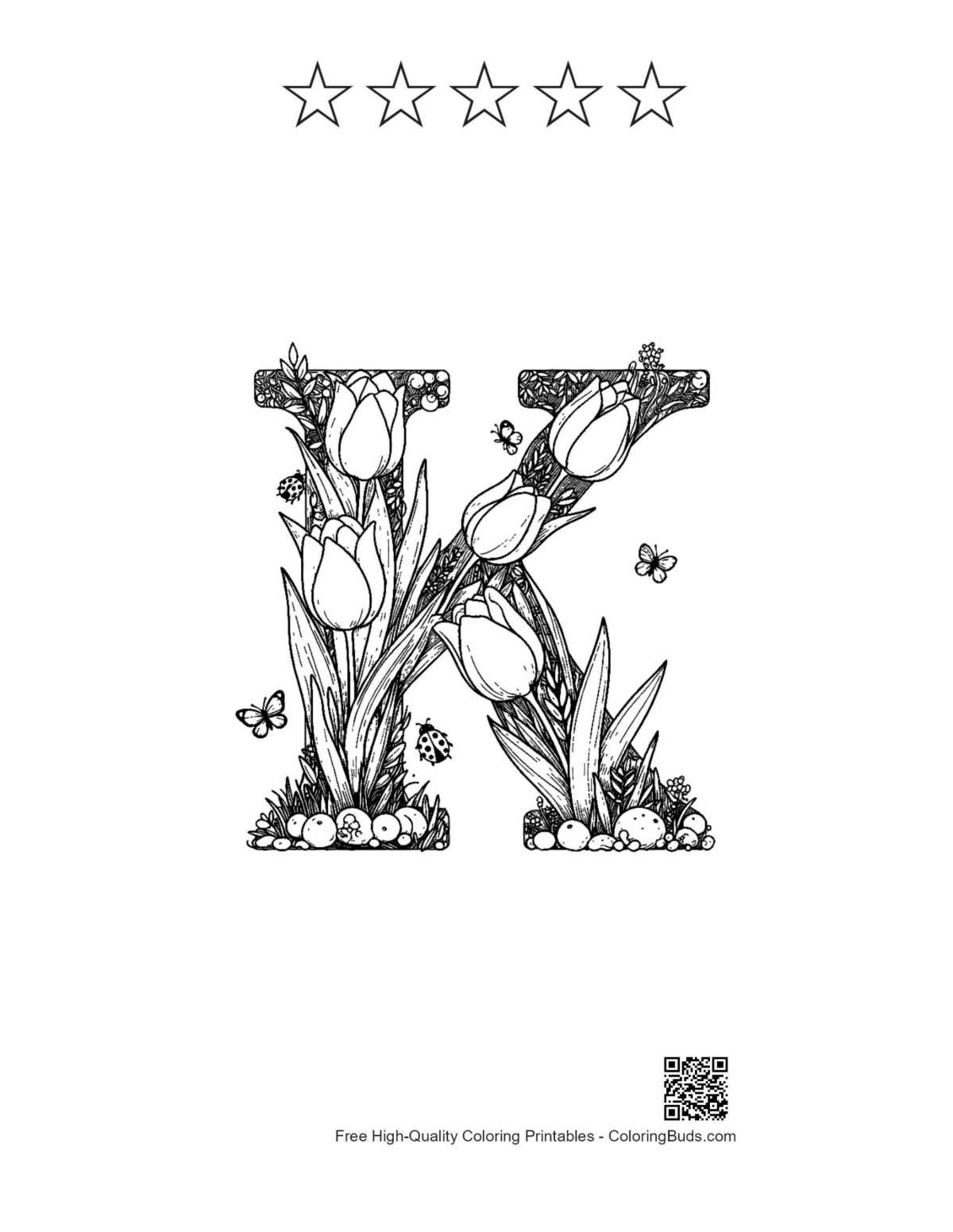Tulip letter K printable with 5 star outlines