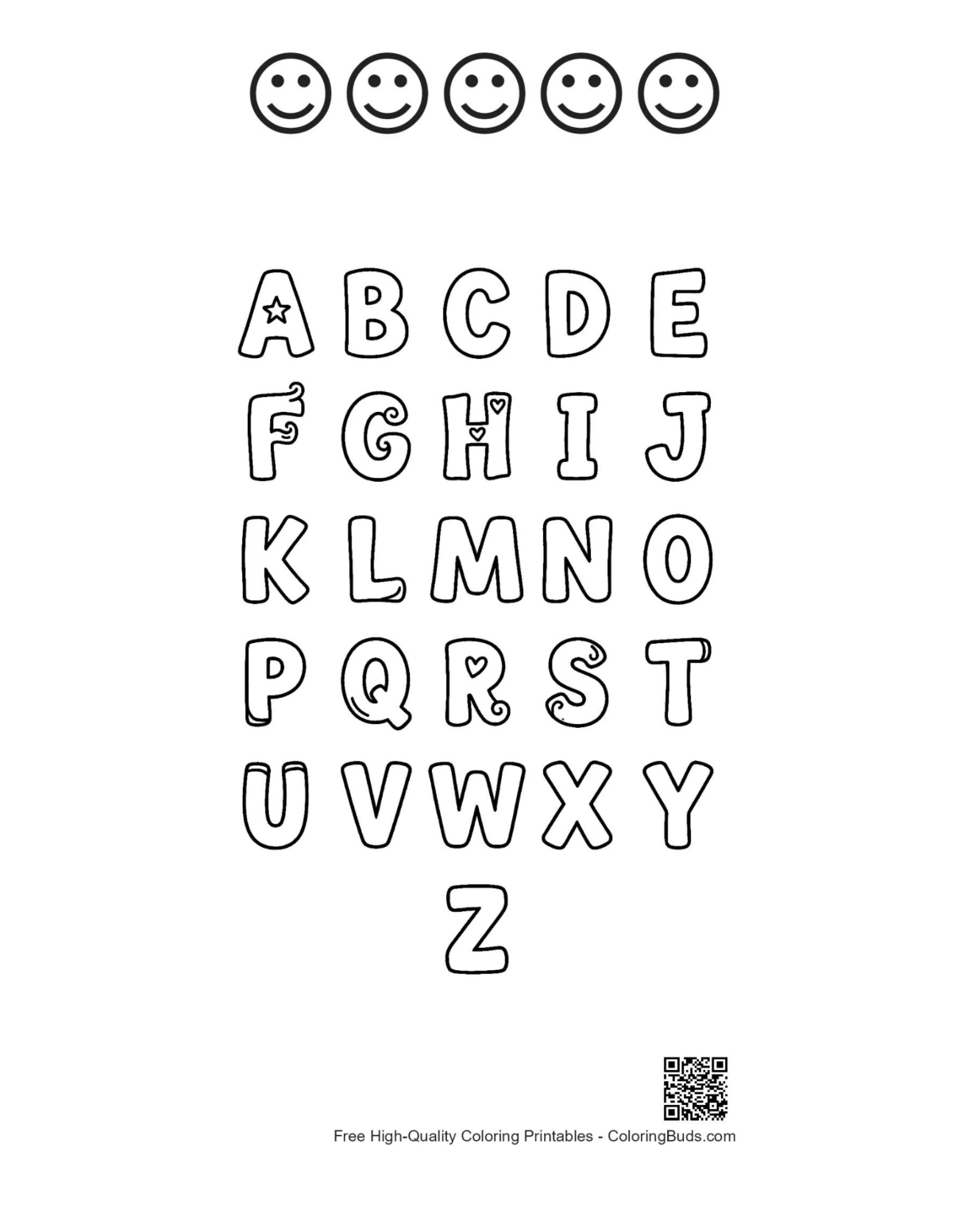 Ausdruckbares Alphabet-Blatt mit 5 fröhlichen Gesichtern