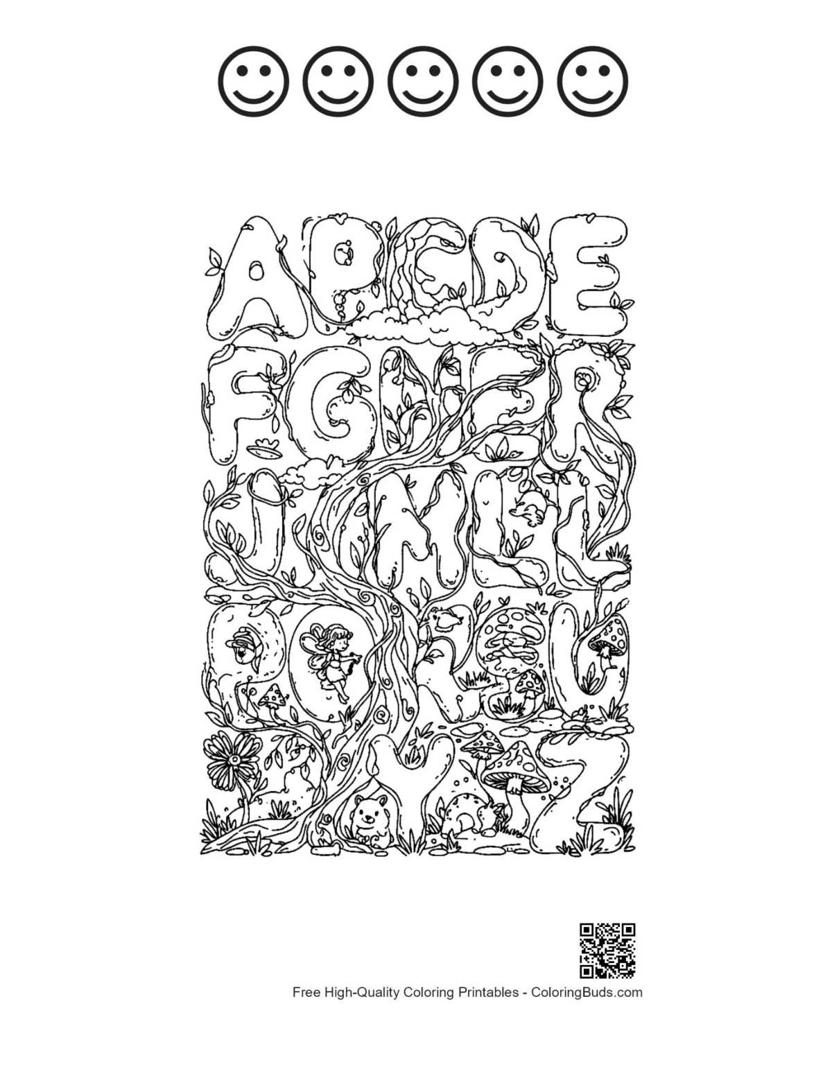 Floral A-Z mandala printable with 5 happy faces