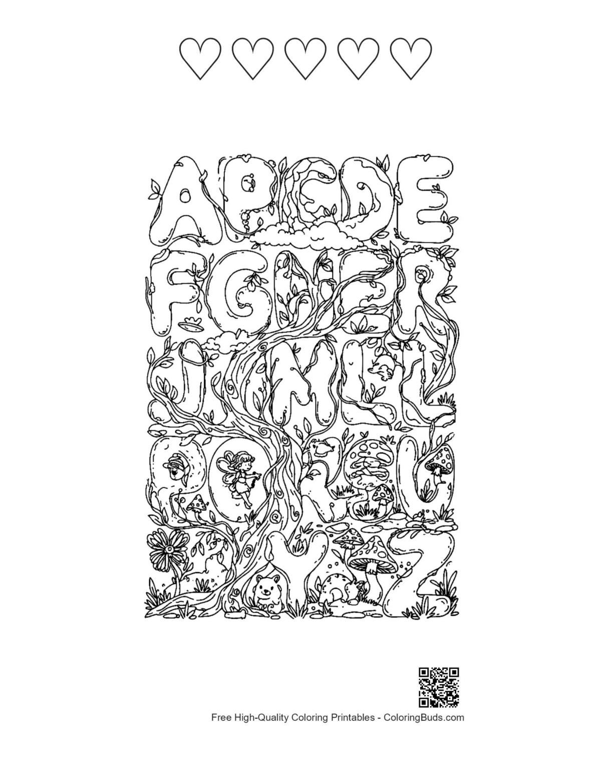 Floral mandala A-Z printable with 5 heart outlines