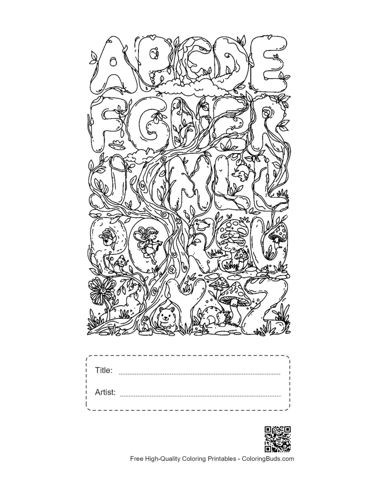 Floral mandala A-Z printable with title artist box