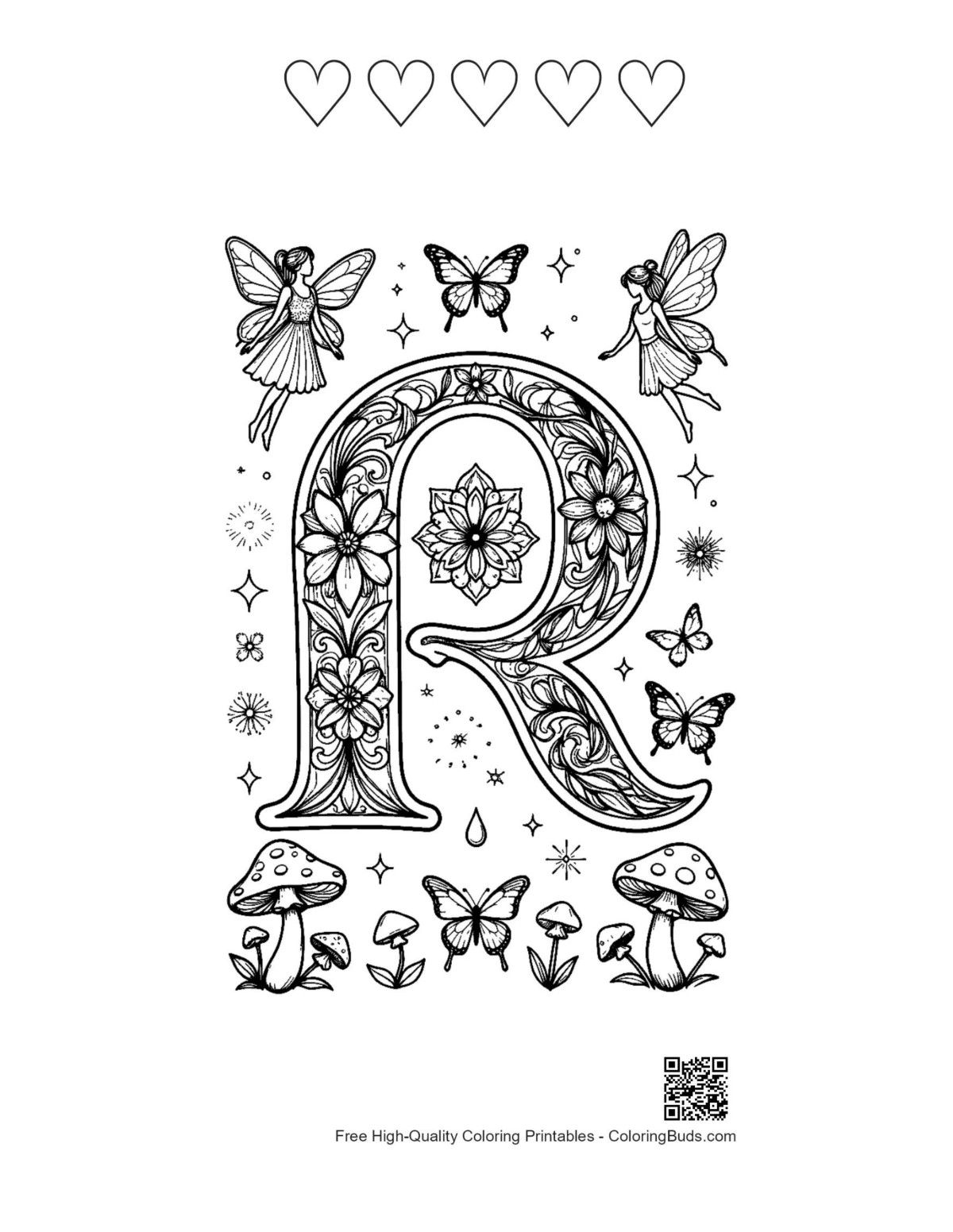 Letter A-Z printable with 5 heart outlines