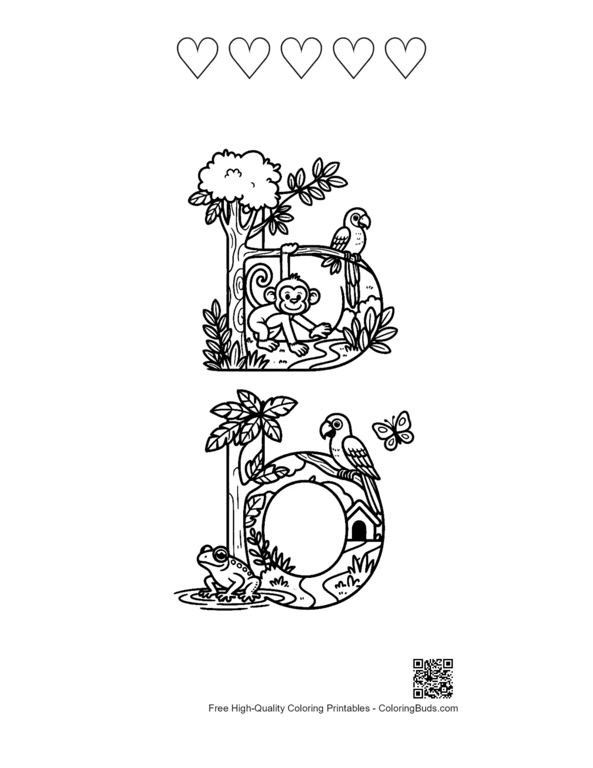 Free letter A-Z printable sheet with five heart outlines