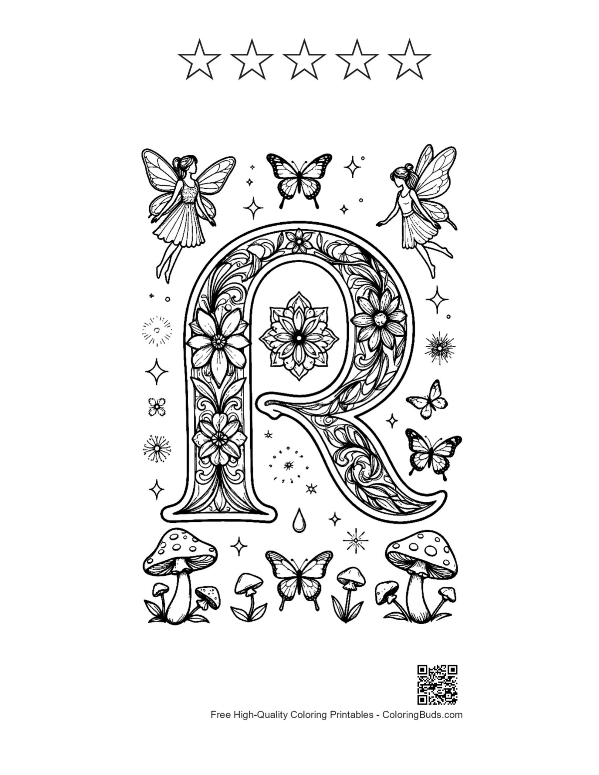 A-Z coloring sheet with 5 star outlines