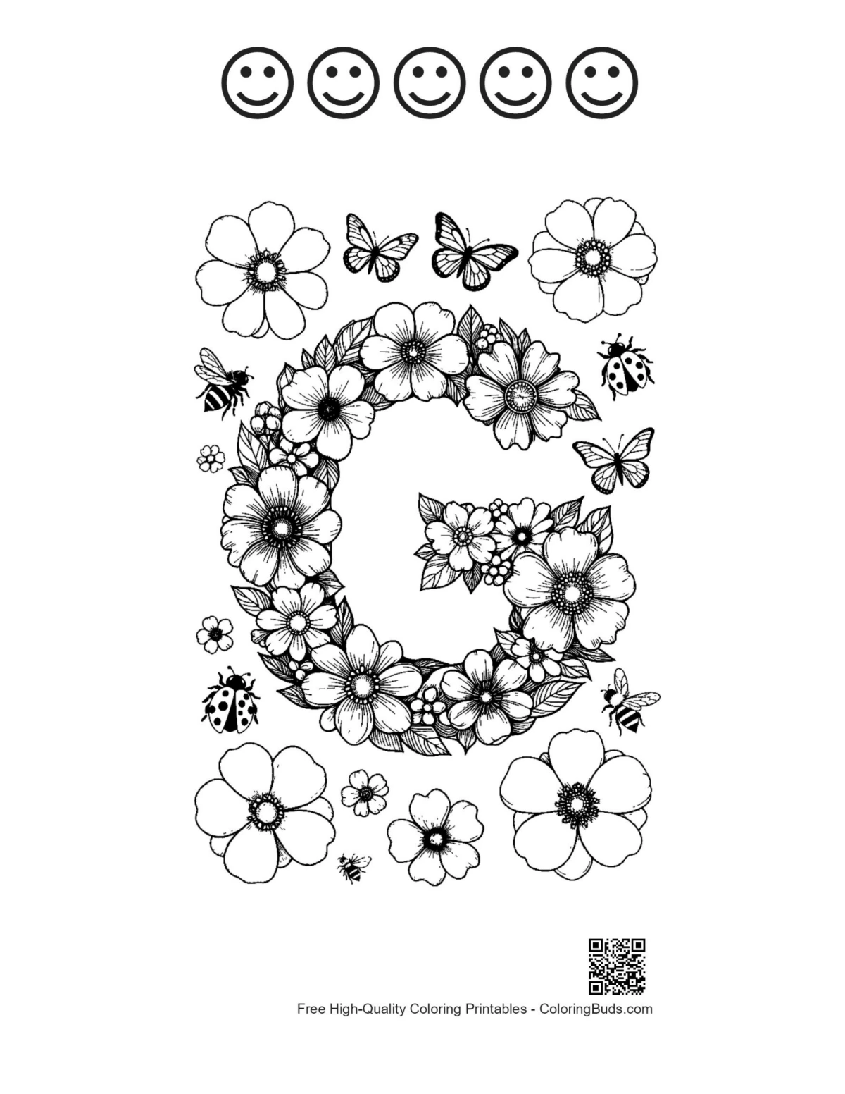 Letter A-Z sheet with 5 happy faces