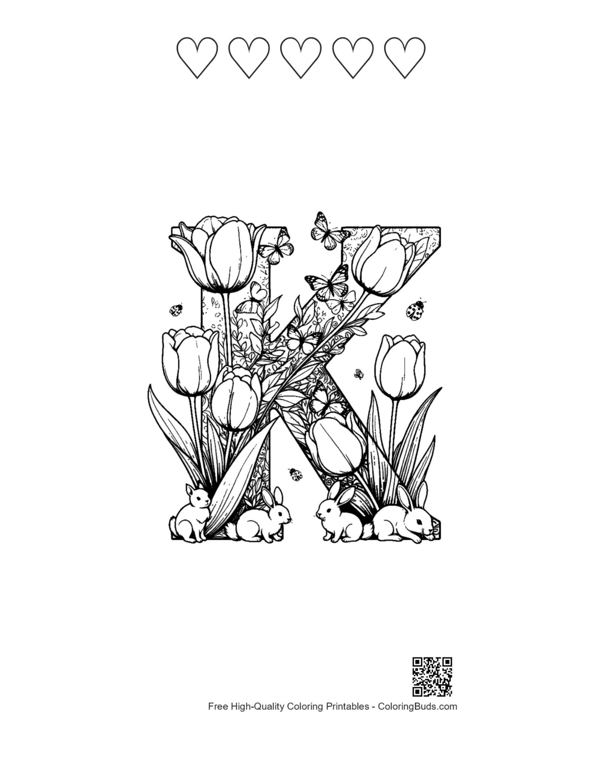Letter A-Z coloring with 5 heart outlines