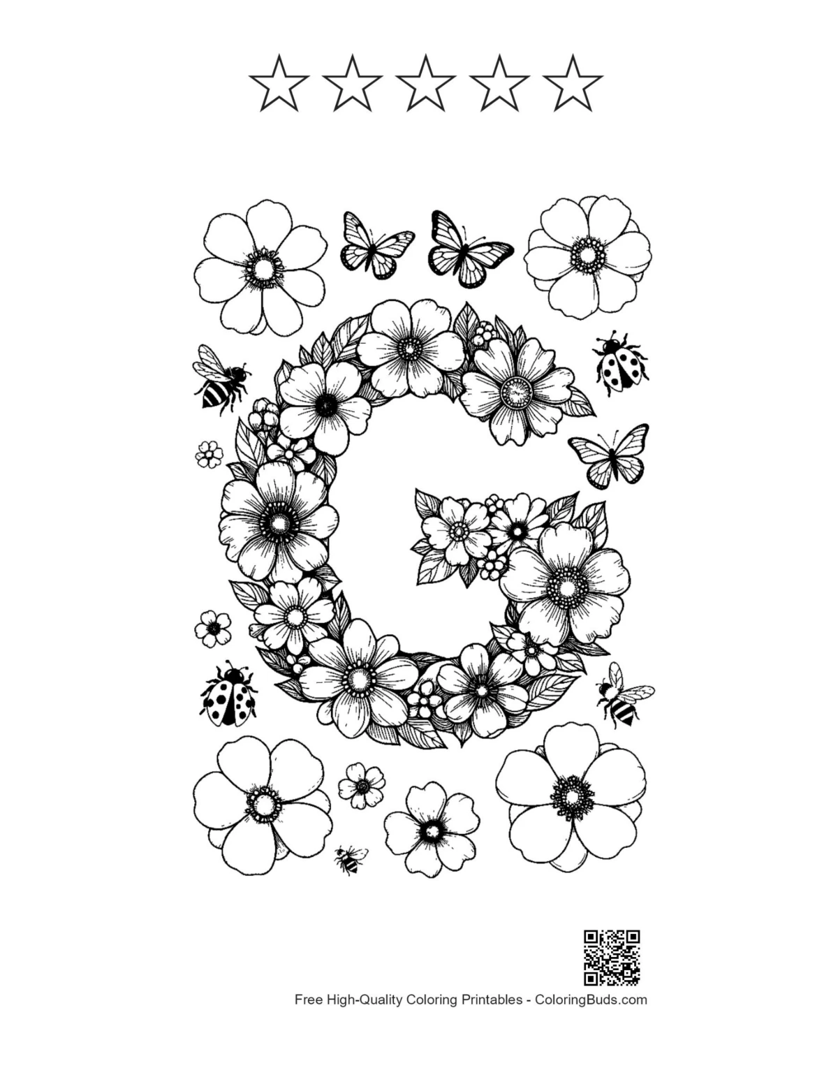 Letter A-Z coloring sheet with 5 stars