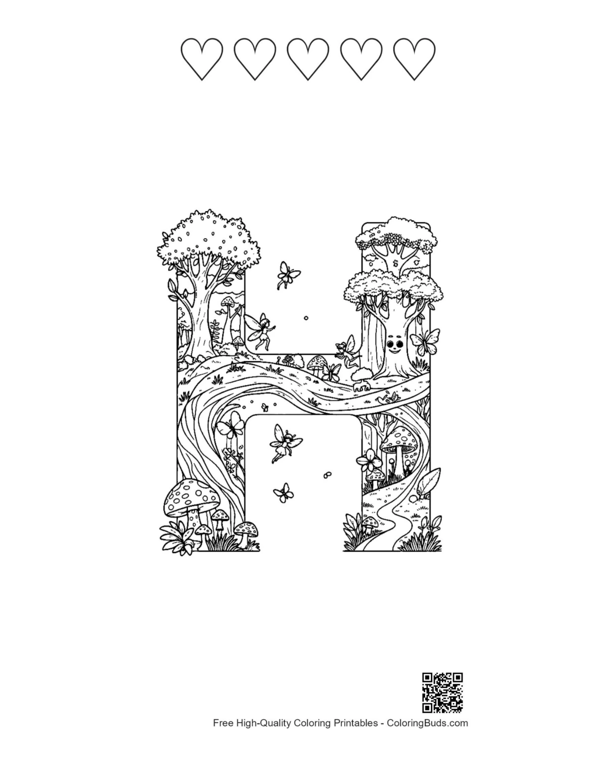 Letter A-Z printable with 5 heart outlines