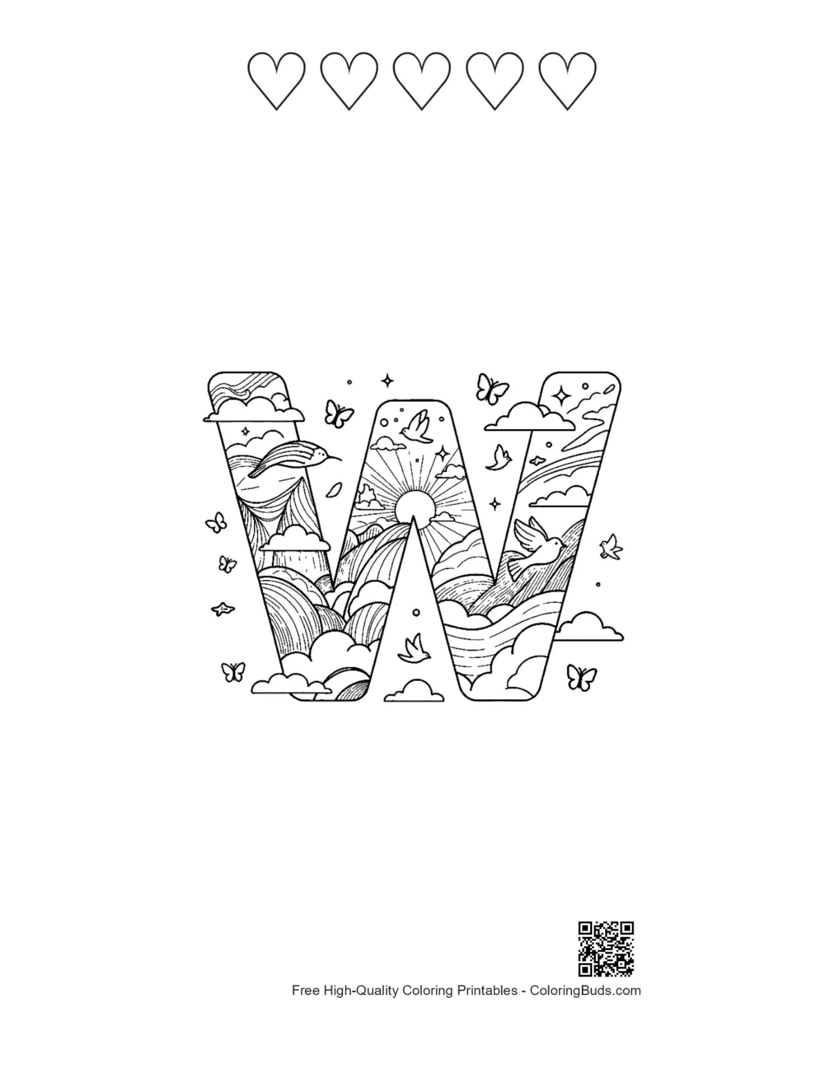 Free Letter A-Z printable sheet with 5 heart outlines