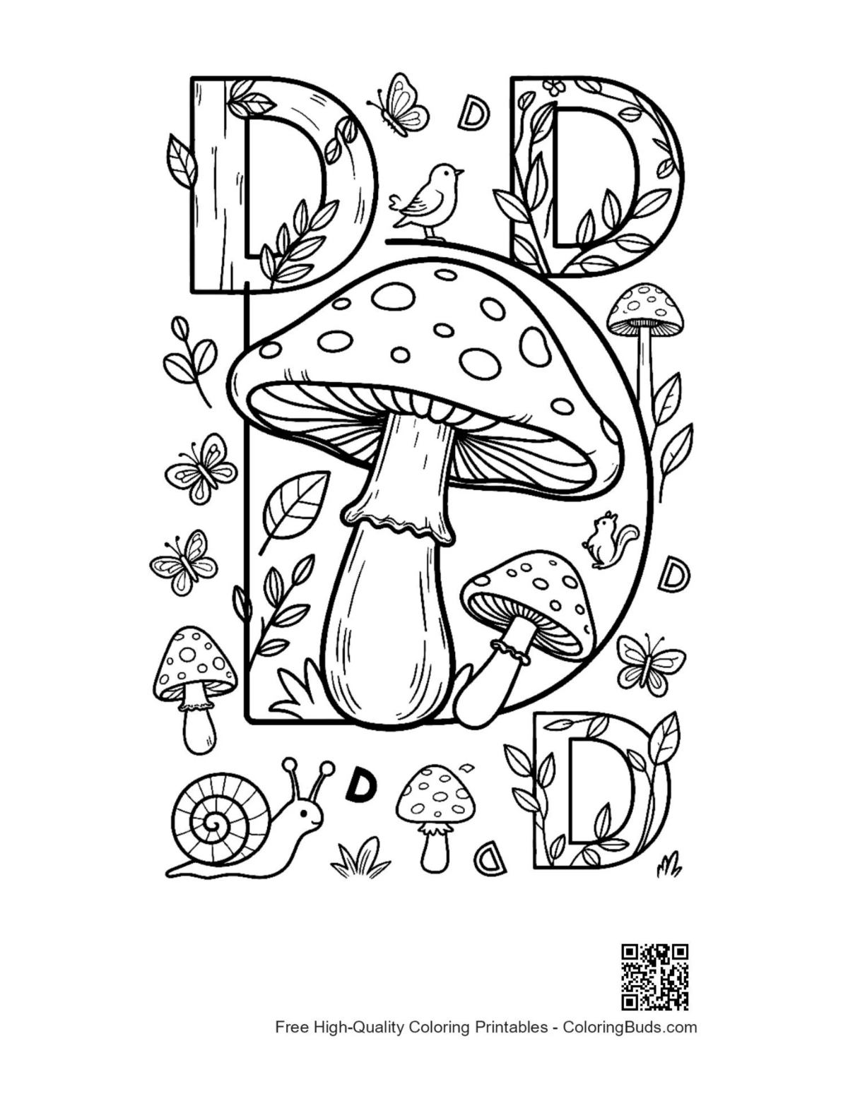 Letter D printable with giant mushrooms and snail