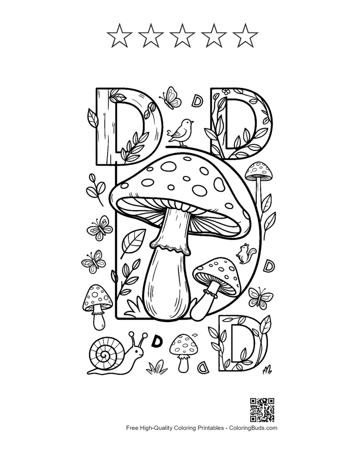 Letter D coloring page with mushrooms, snail, stars