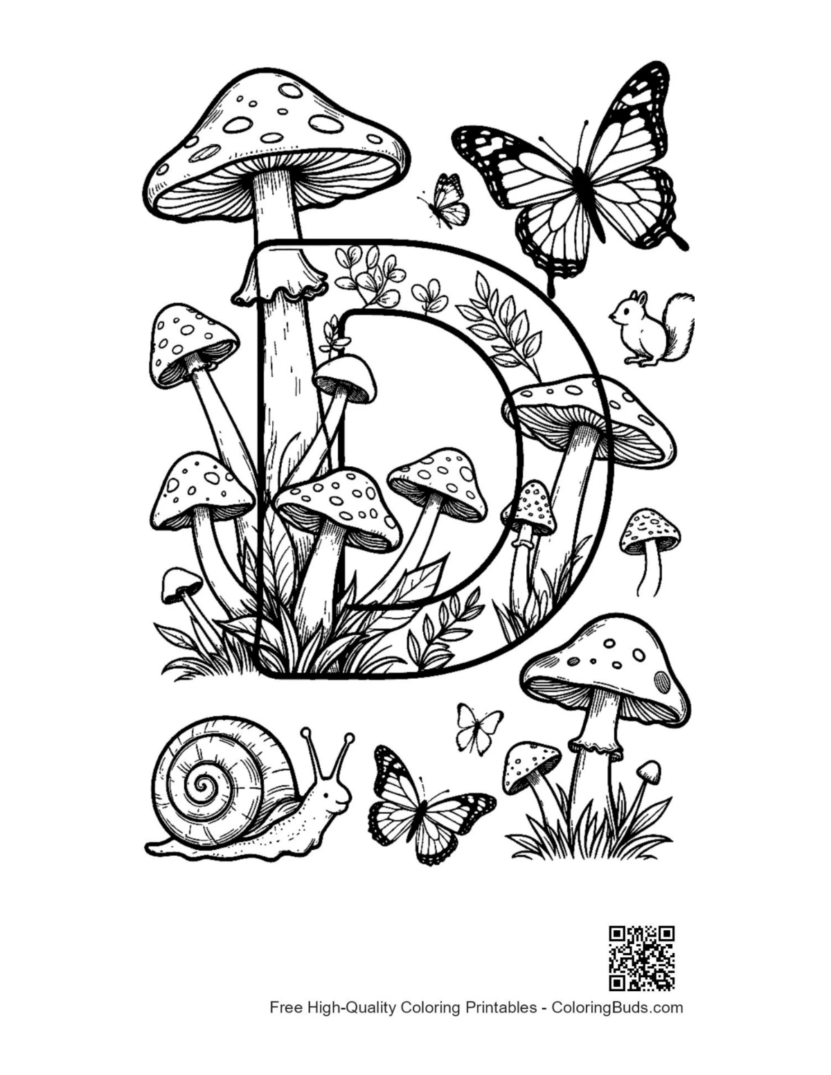 Magical toadstool Letter D printable with butterflies