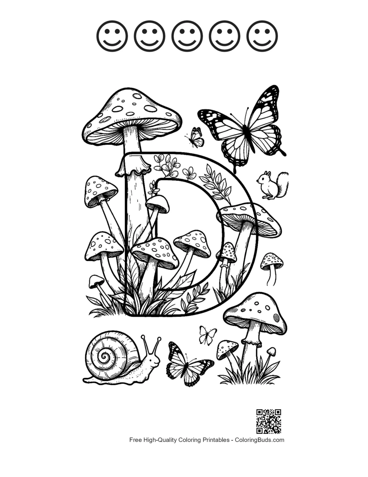 Letter D toadstool printable with happy faces