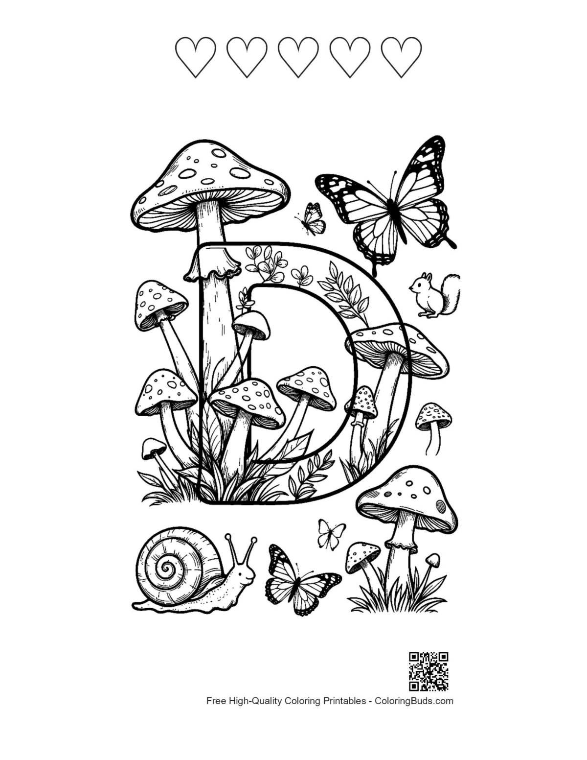 Magical Letter D printable with heart outlines