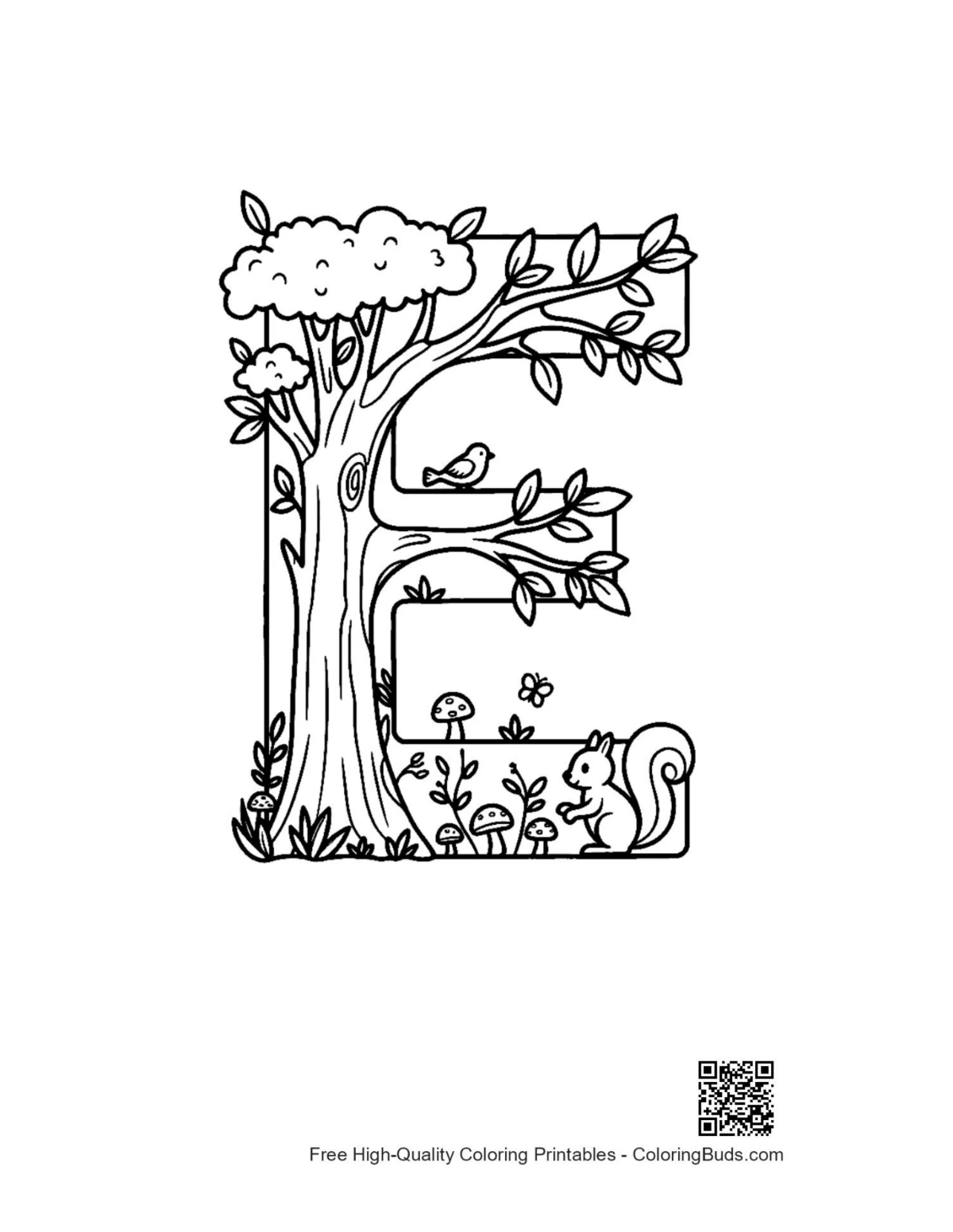 Tree trunk letter E bark leaves printable coloring page