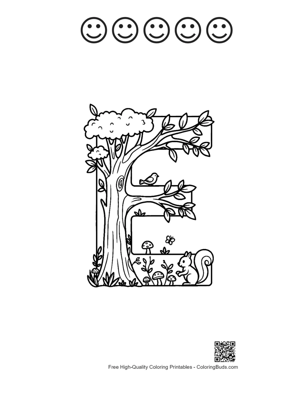 Tree trunk letter E with 5 happy face outlines printable