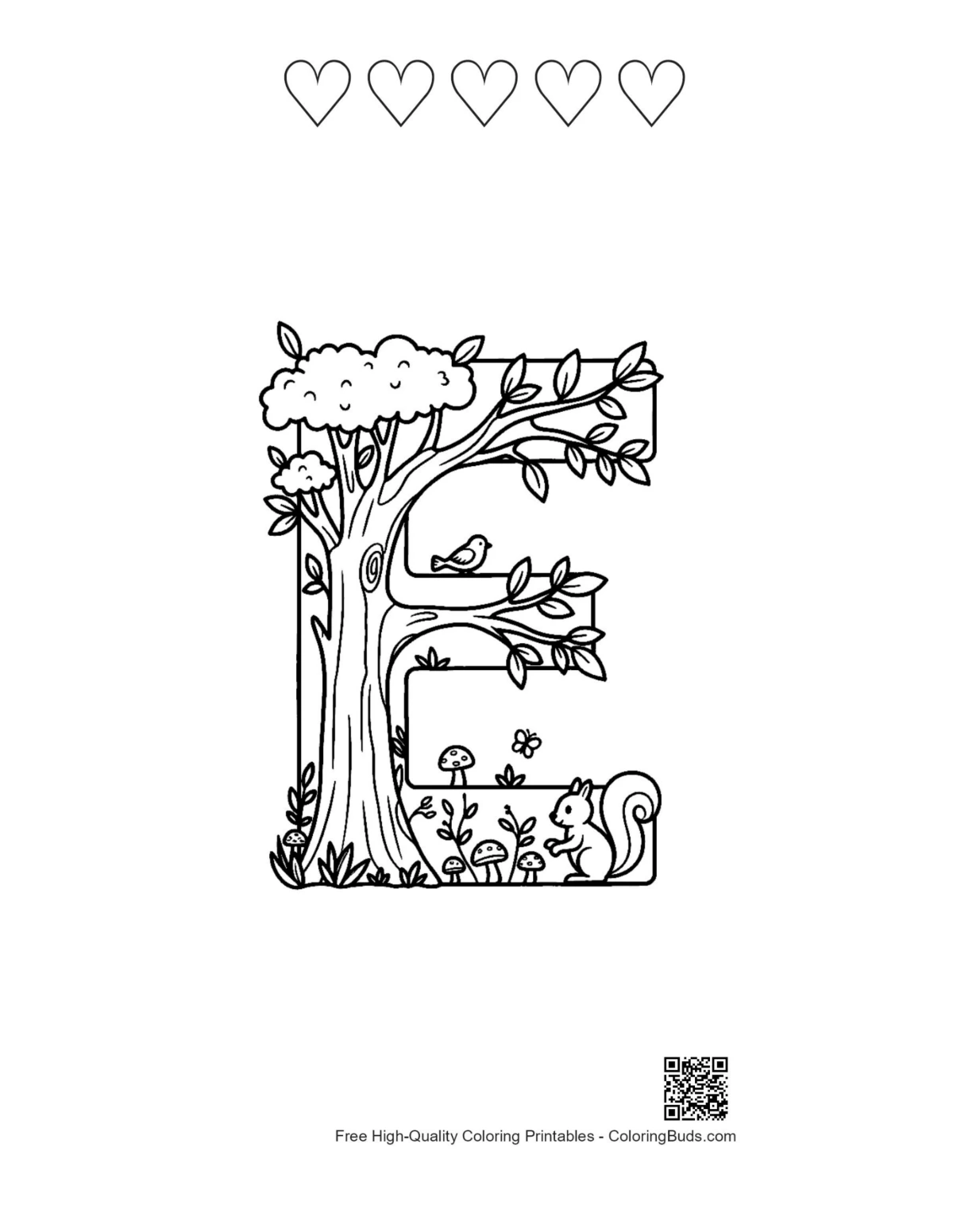 Tree trunk letter E printable with 5 heart outlines