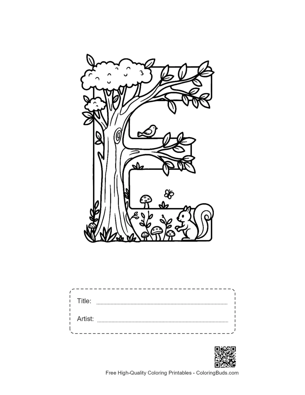 Tree trunk letter E printable with title artist box