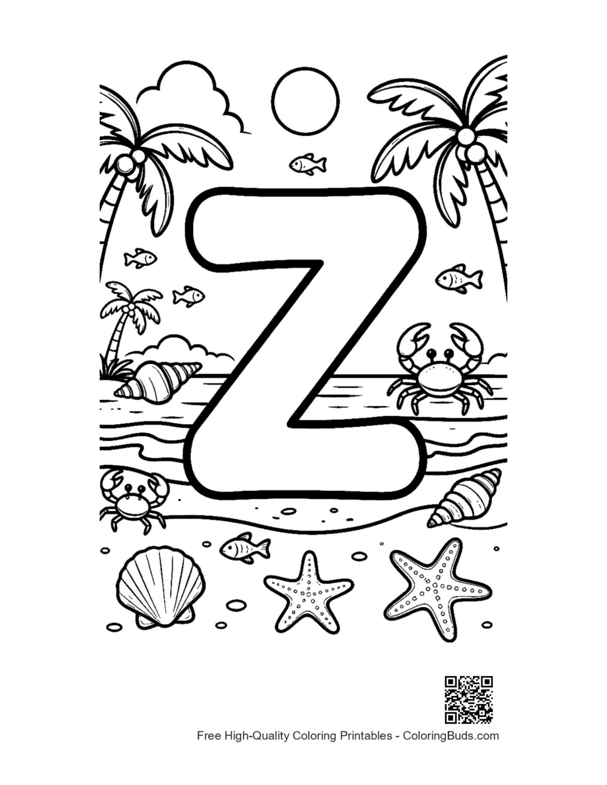 Tropical beach letter Z printable with palm trees